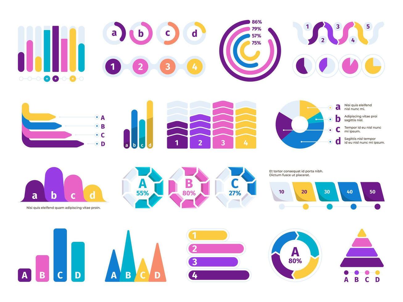 Business data charts. Financial and economic bar graphs, profit and investment pie and arrow diagrams. Vector infographic set