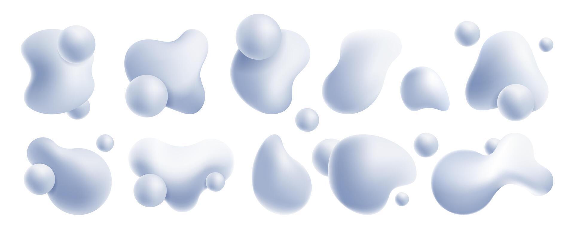 Liquid render shapes. Abstract flowing abstract elements with glossy bubbles. Vector water splash dynamic isolated set