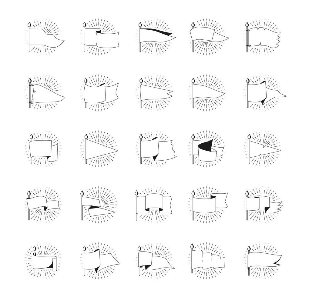 negro rayos de sol banderas retro logo blanco banderín símbolos, monocromo al aire libre universidad bandera etiqueta y alfiler simbolos vector aislado conjunto