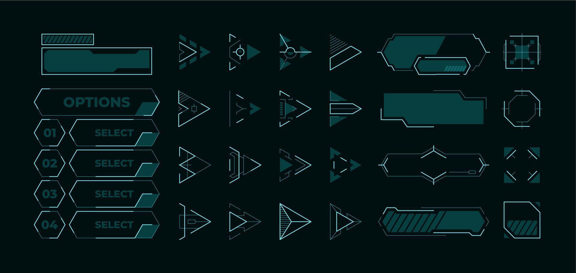 Futuristic menu elements. HUD buttons frames arrows and cursors for start screen game or application, neon UI asset. Vector isolated set