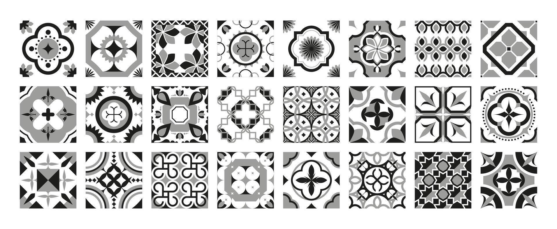 Ornamental black tiles. Portugal traditional geometric mosaic ceramic design, decorative patchwork surface mediterranean motif. Vector collection