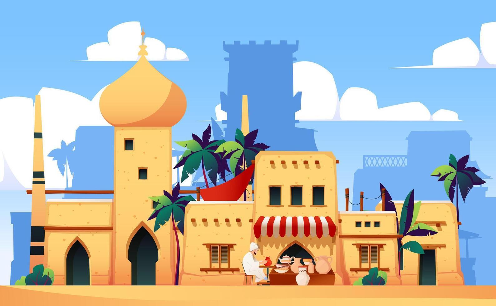 Desert town. Arabian middle east architecture buildings in desert, old street with mud brick sand houses, market and palm trees. Vector village landscape