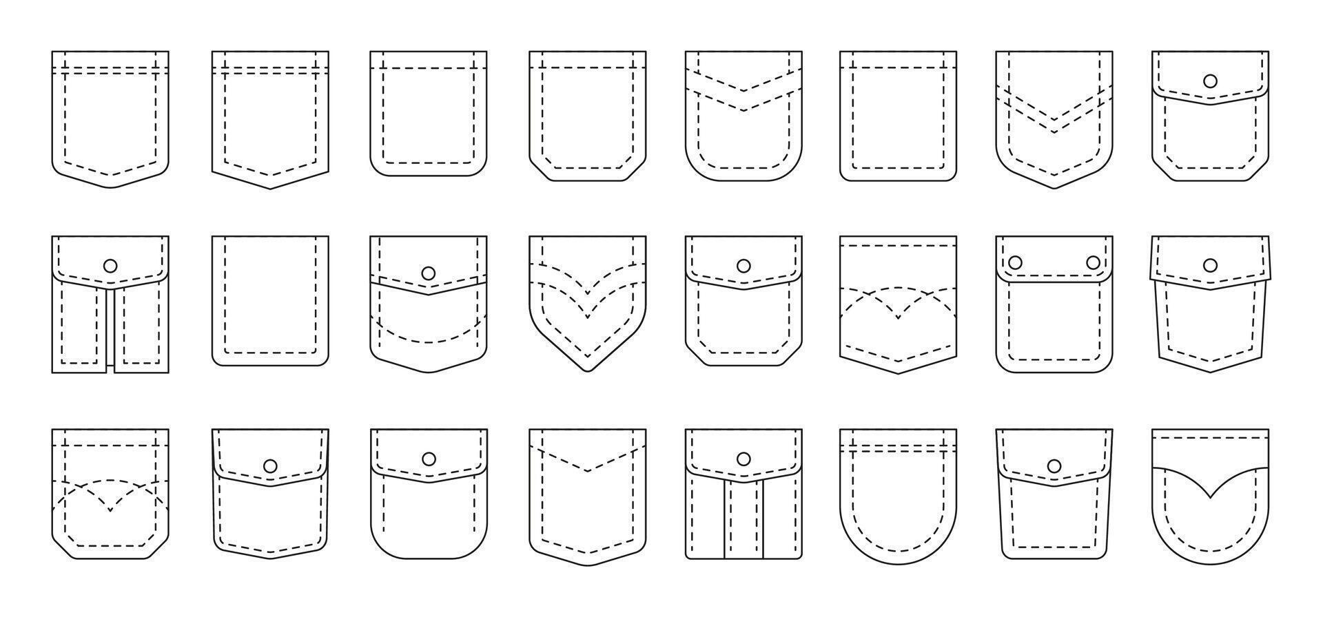Line pockets. Sewing outline patches for men and women pants, textile uniform and bagged cloth elements. Vector cotton fabric shapes set