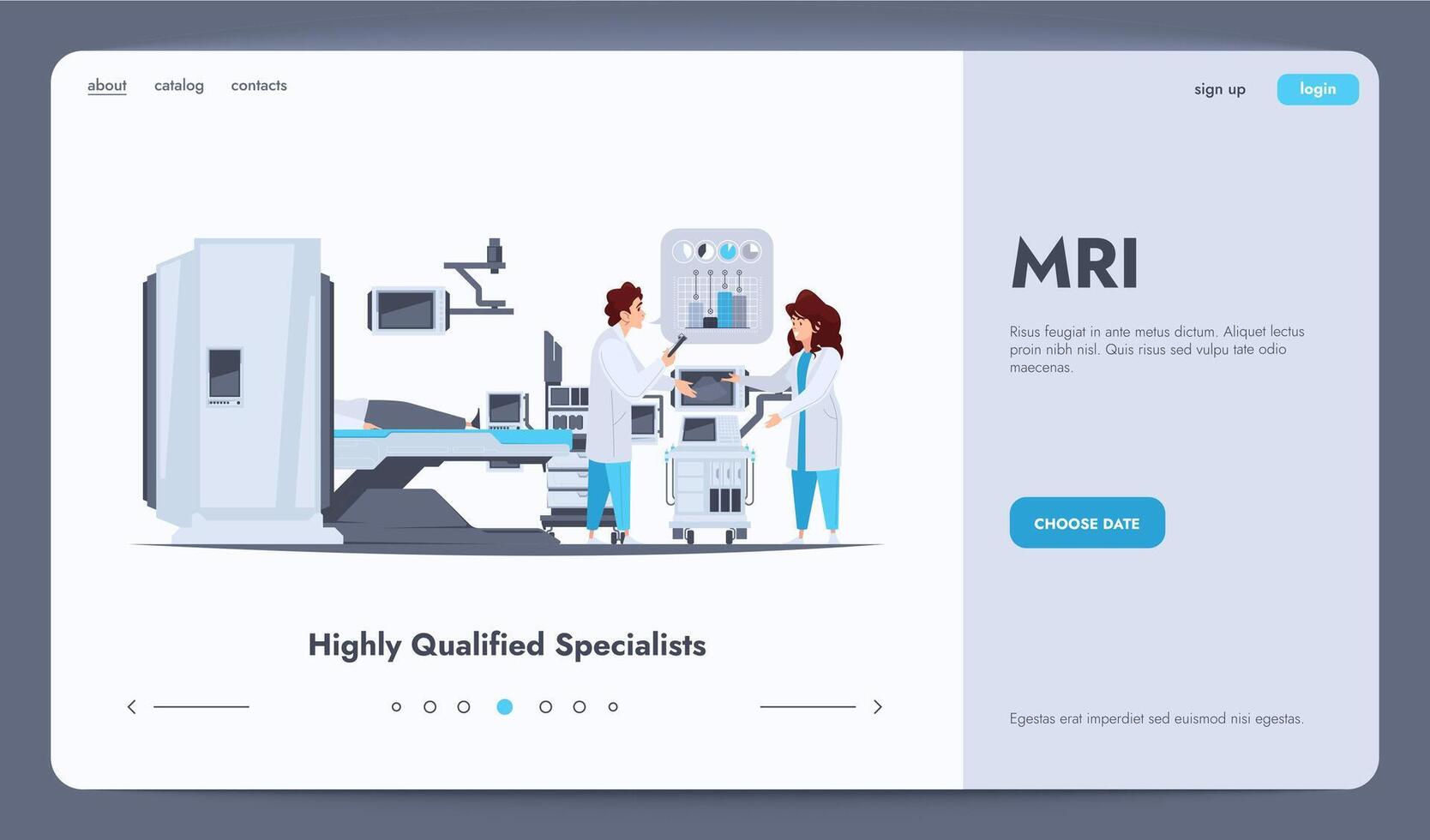 mri escanear aterrizaje. médico diagnóstico equipo, médico paciente habitación con médico equipo dibujos animados plano estilo, cuidado de la salud concepto. vector ilustración