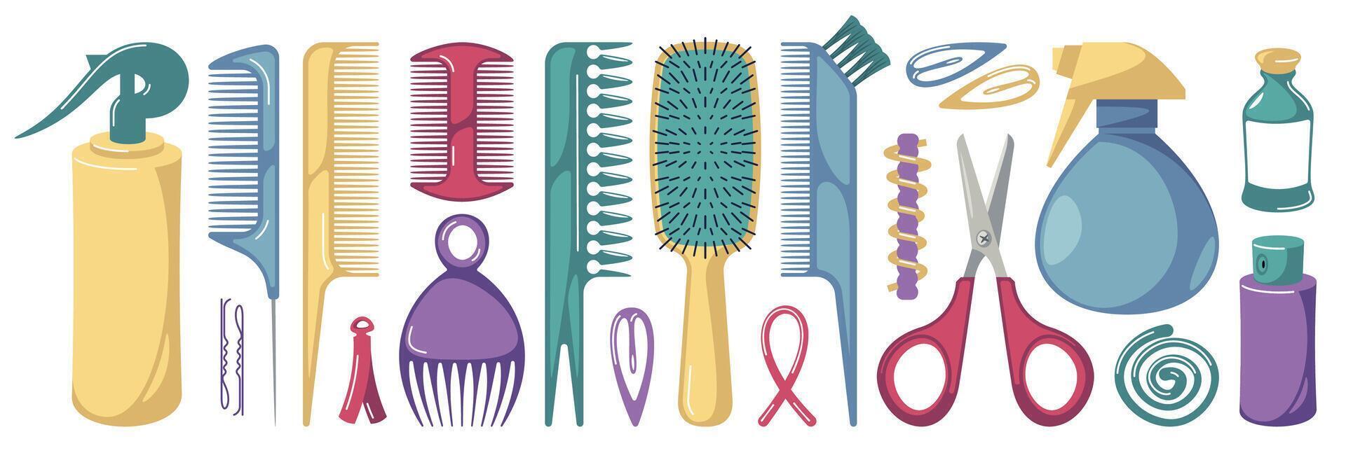 Cartoon comb. Hairbrush and hair styling tools, hairdressing accessories for haircut and hairstyle, beauty salon equipment. Vector isolated set