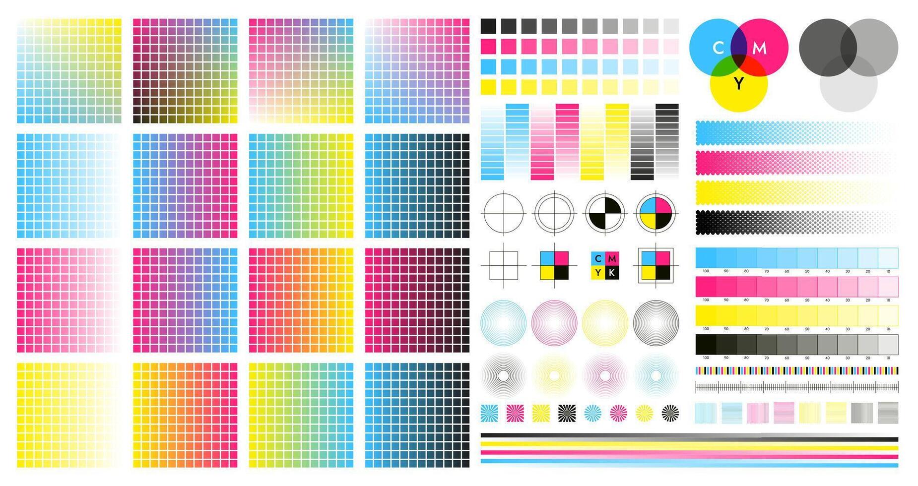 cmyk color marcas. color registro y ajustamiento marcas para impresión, preimpresión y pantalla impresión. vector cmyk tono paleta aislado conjunto