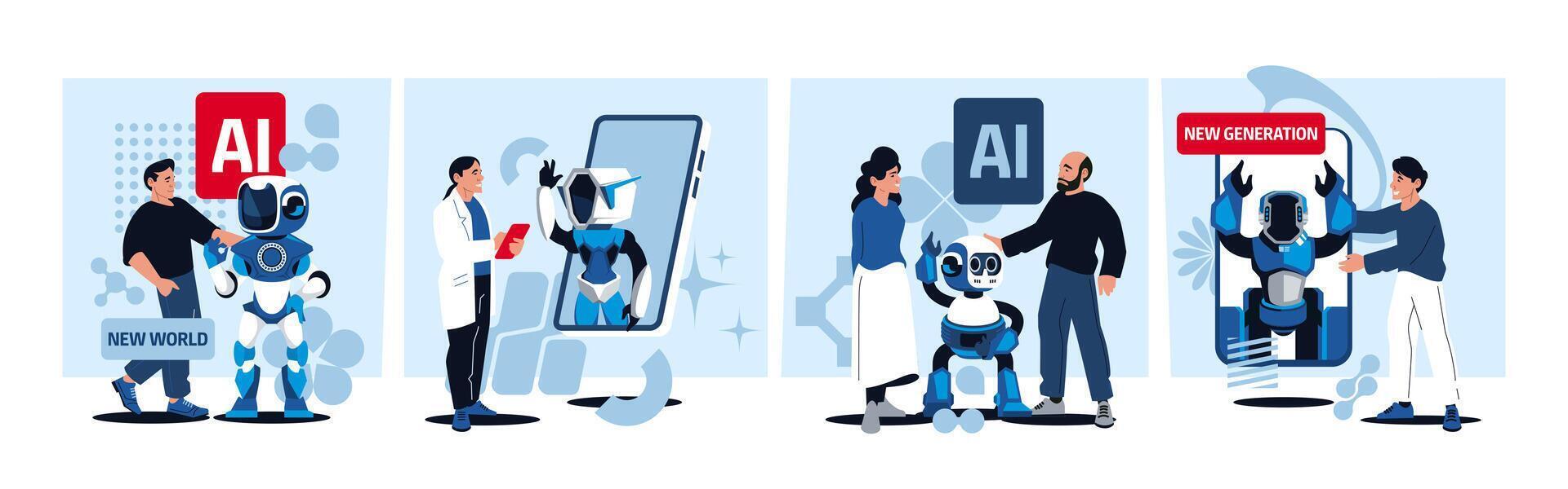 Cartoon ai concept. Artificial intelligence chatbot web application, machine learning software, dialog system, bot for website or application. Vector isolated set