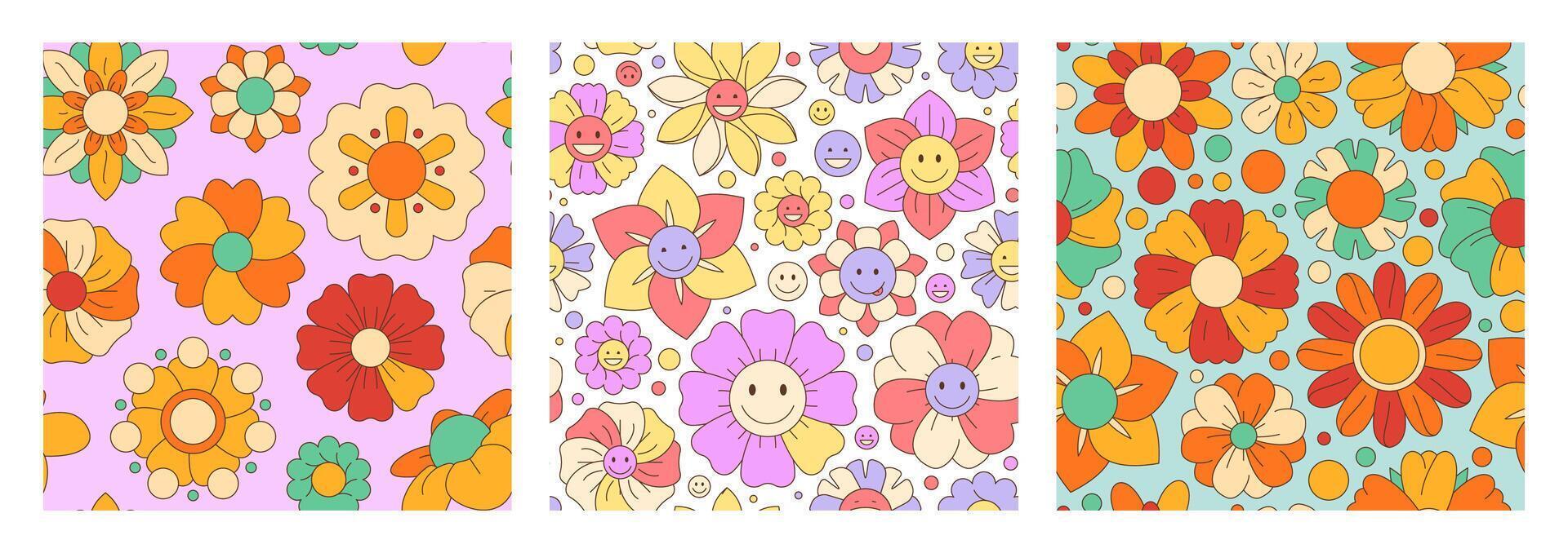 Groovy flowers pattern. Psychedelic abstract floral wallpaper print for spring summer hippie decor, cheerful flower hippie graphic. Vector floral design