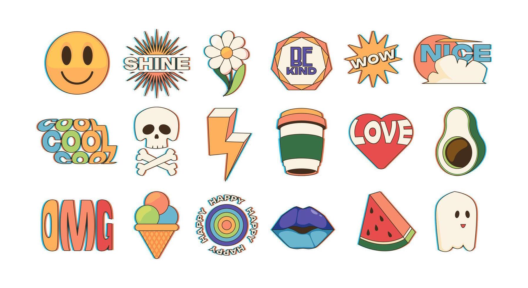 Trendy sticker pack. Cartoon doodle patches and stamps with abstract comic characters and text, trendy hipster badges with funny phrase. Vector set