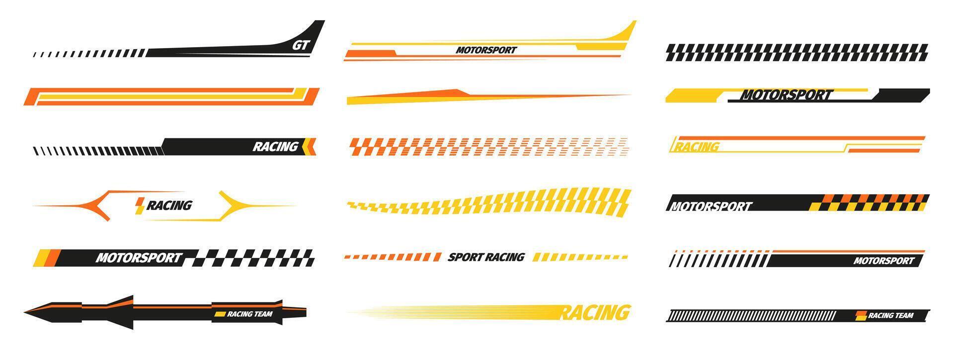 Car decal stripes. Racing lines sticker for vehicle side, speed and power marking decorative stickers for car graphic design. Vector set