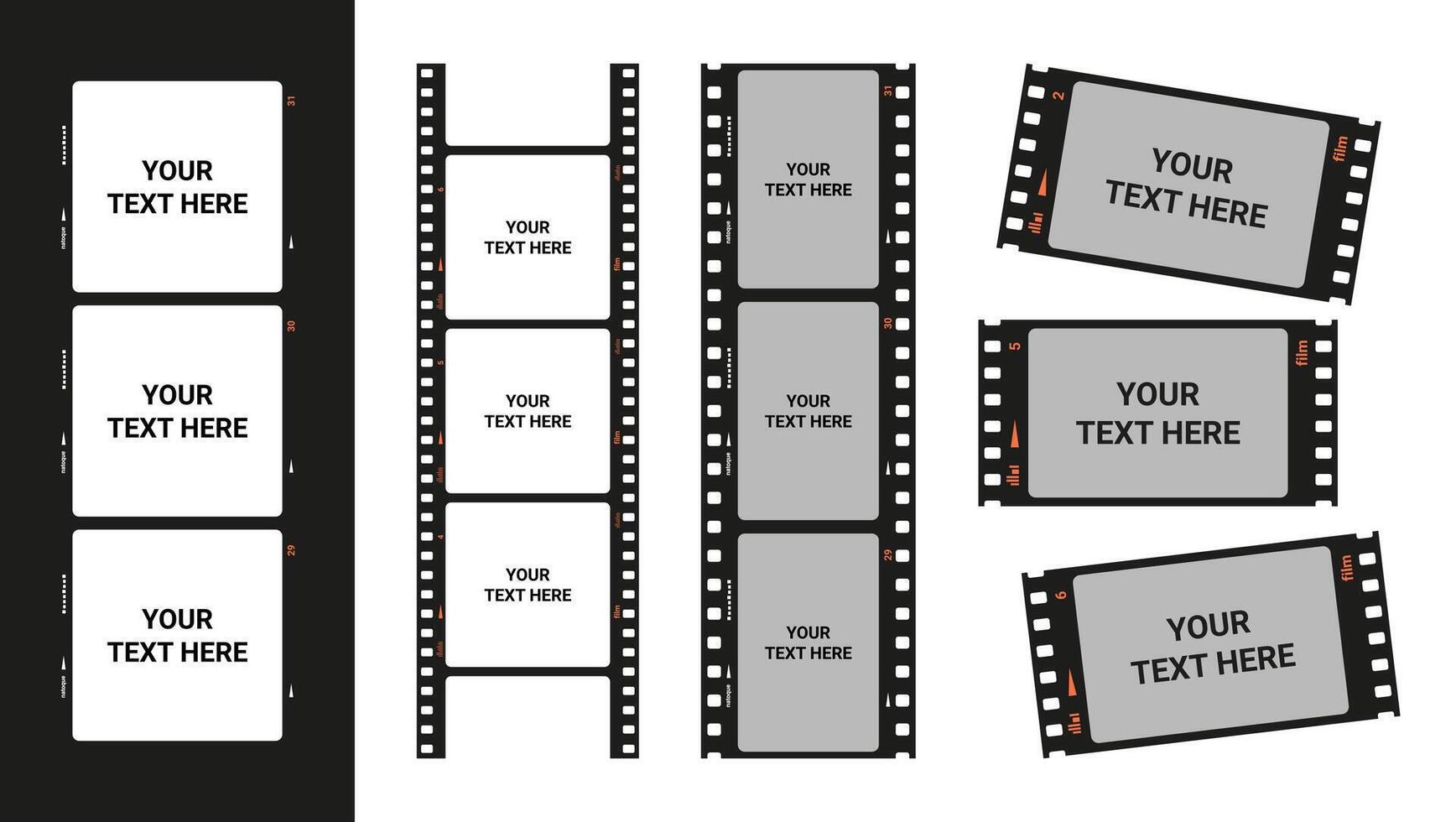 Film roll frames. Retro analog blank filmstrips borders with space for text, photo cinema tape slide for vintage camera. Vector isolated banner set