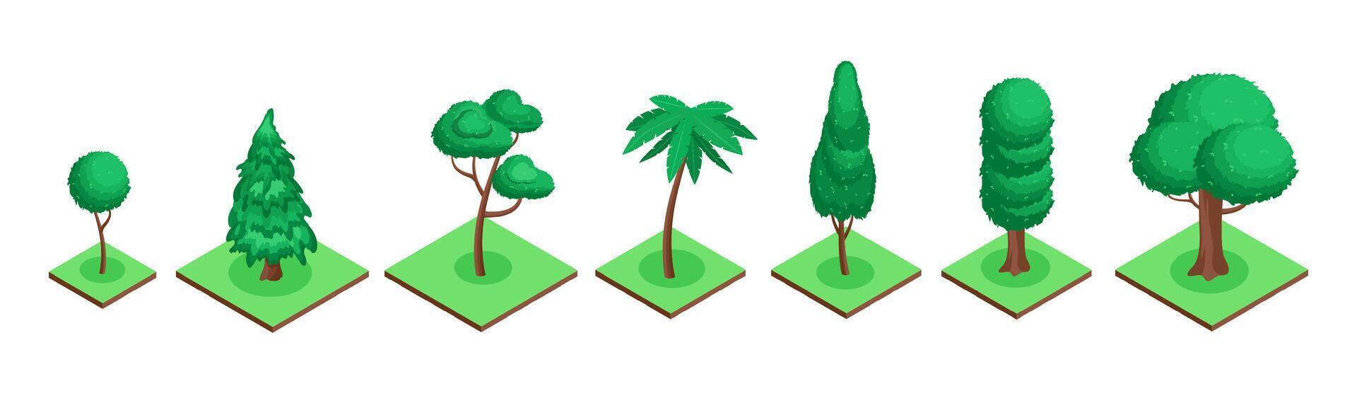 Isometric green trees 3d set for decoration vector