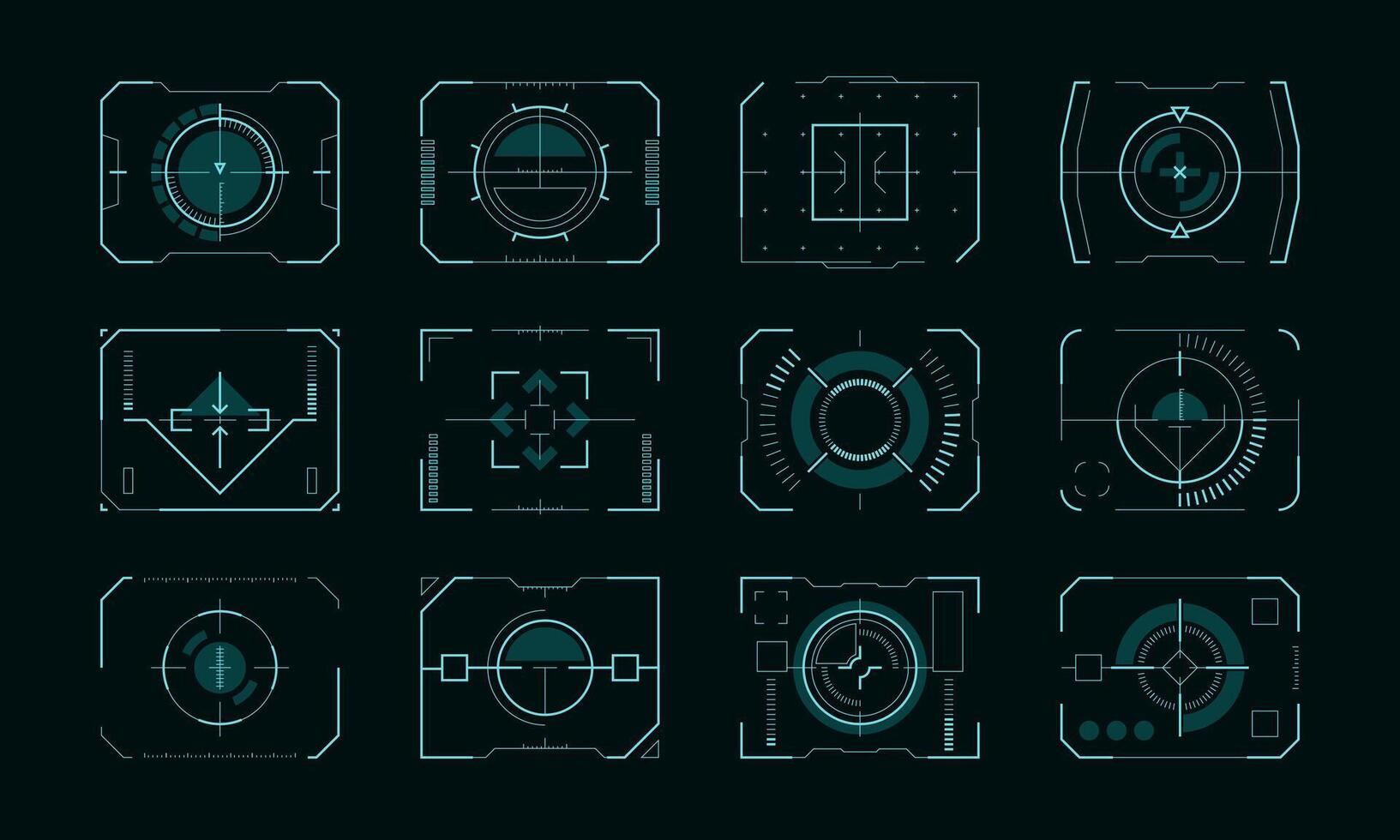 Target frame hud ui. Futuristic aim pointers with control panel borders, sci-fi screen display with aiming crosshairs for technology interface. Vector set