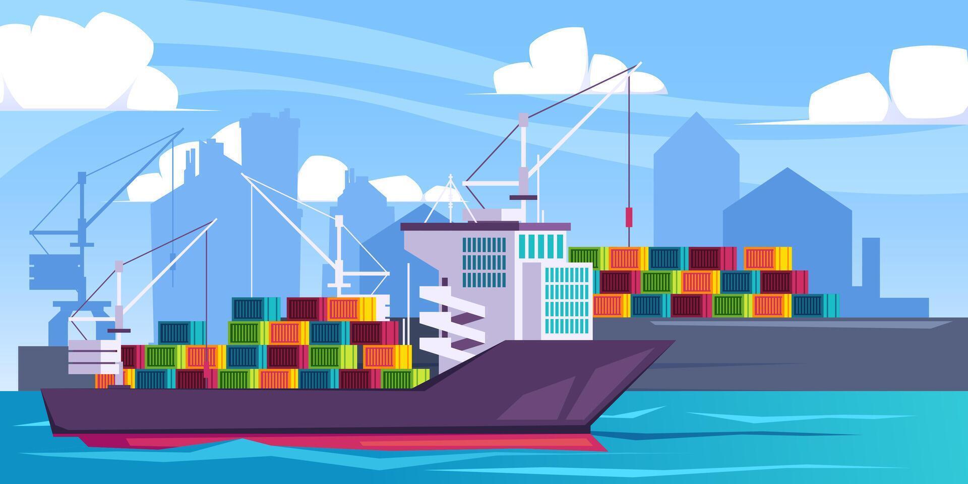 Freight ship in port. Cartoon marine dock with barge loading containers, international seaport terminals and shipyard with vessels. Vector flat illustration