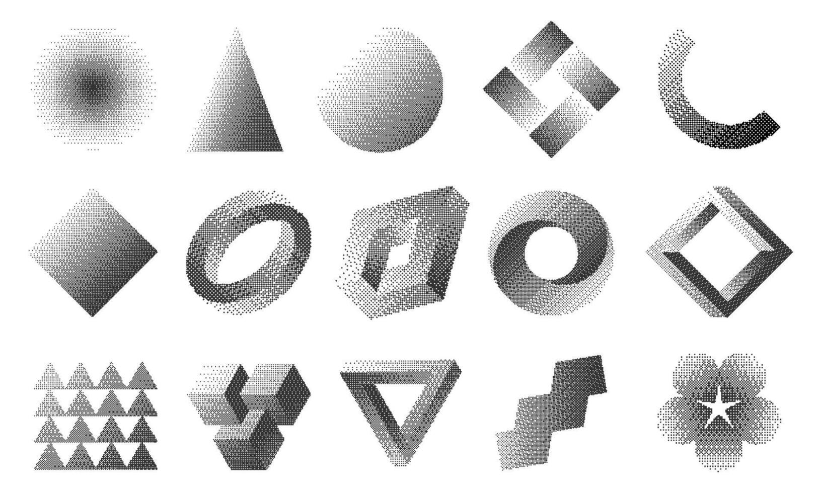 Dithering shapes. Retro 90s style pixel abstract geometric forms, trendy black and white circle and square halftone texture. Vector retro logo badges