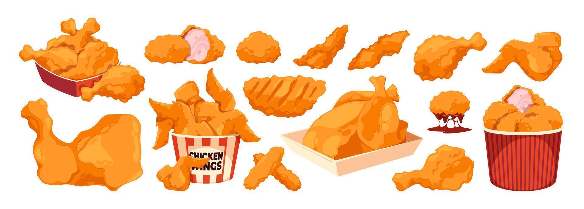 Cartoon chicken fast food. Delicious roasted whole chicken, tasty nugget and leg roasted snack, cafe takeaway and restaurant food. Vector isolated set