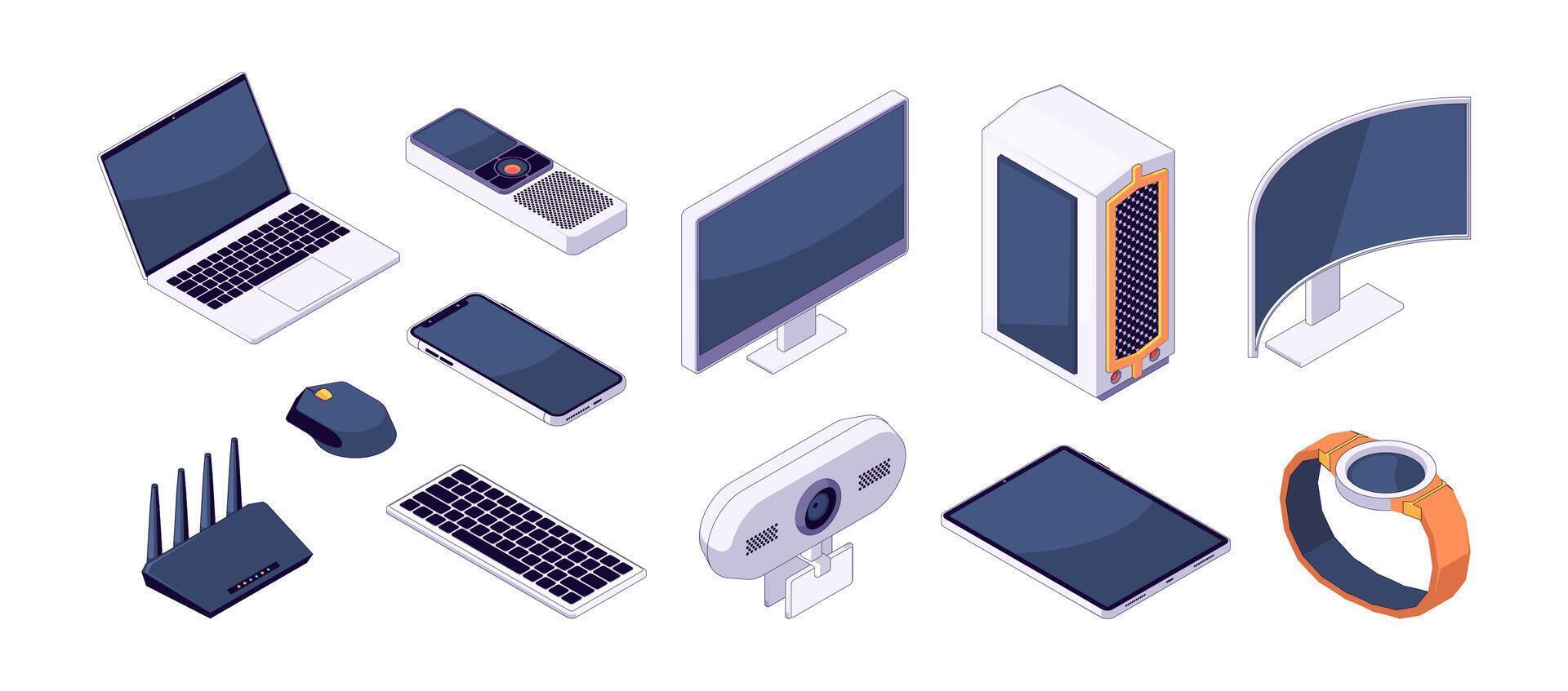 isométrica artilugio colocar. inalámbrico inteligente dispositivos ordenador portátil Wifi enrutador web cámara inteligente relojes ratón teclado teléfono y tableta. vector aislado conjunto