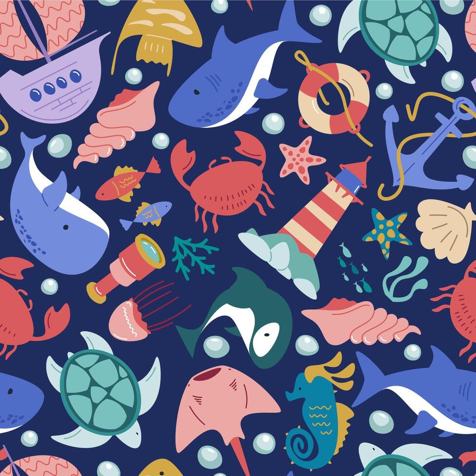Cute marine animals pattern. Seamless print of underwater ocean wildlife, cartoon print of funny fish, octopus, crab, turtle and whale. Vector texture