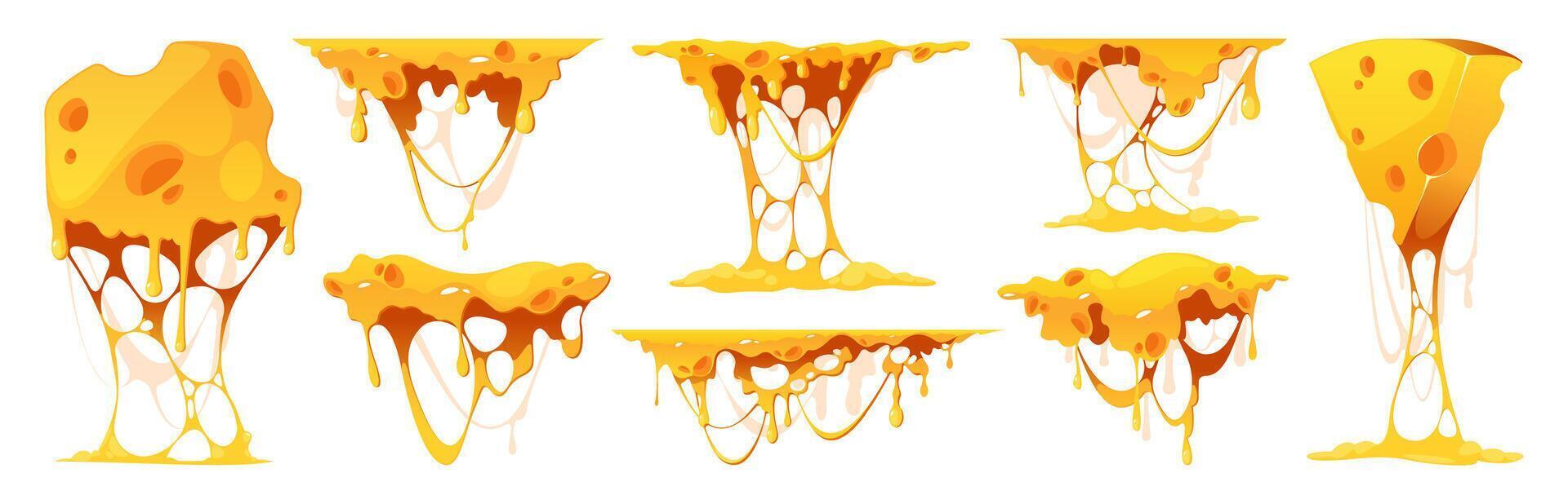 Melted cheese. Cartoon melting cheddar and mozzarella, fondue and sauce, gourmet food product stretching and flowing. Vector vegetarian food set