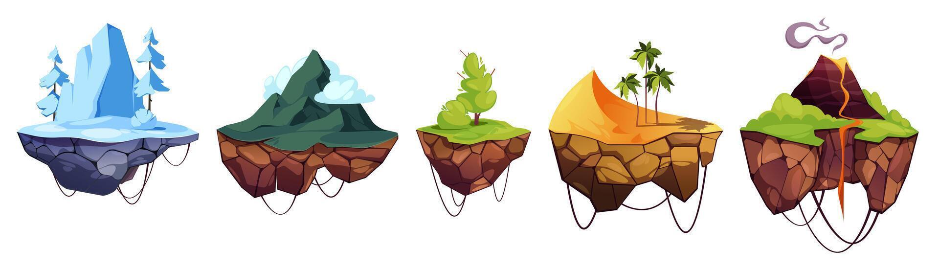 Flying ground platforms. Cartoon floating ground with rocks and stones, sprite collection for video game and cartoon platformer. Vector texture