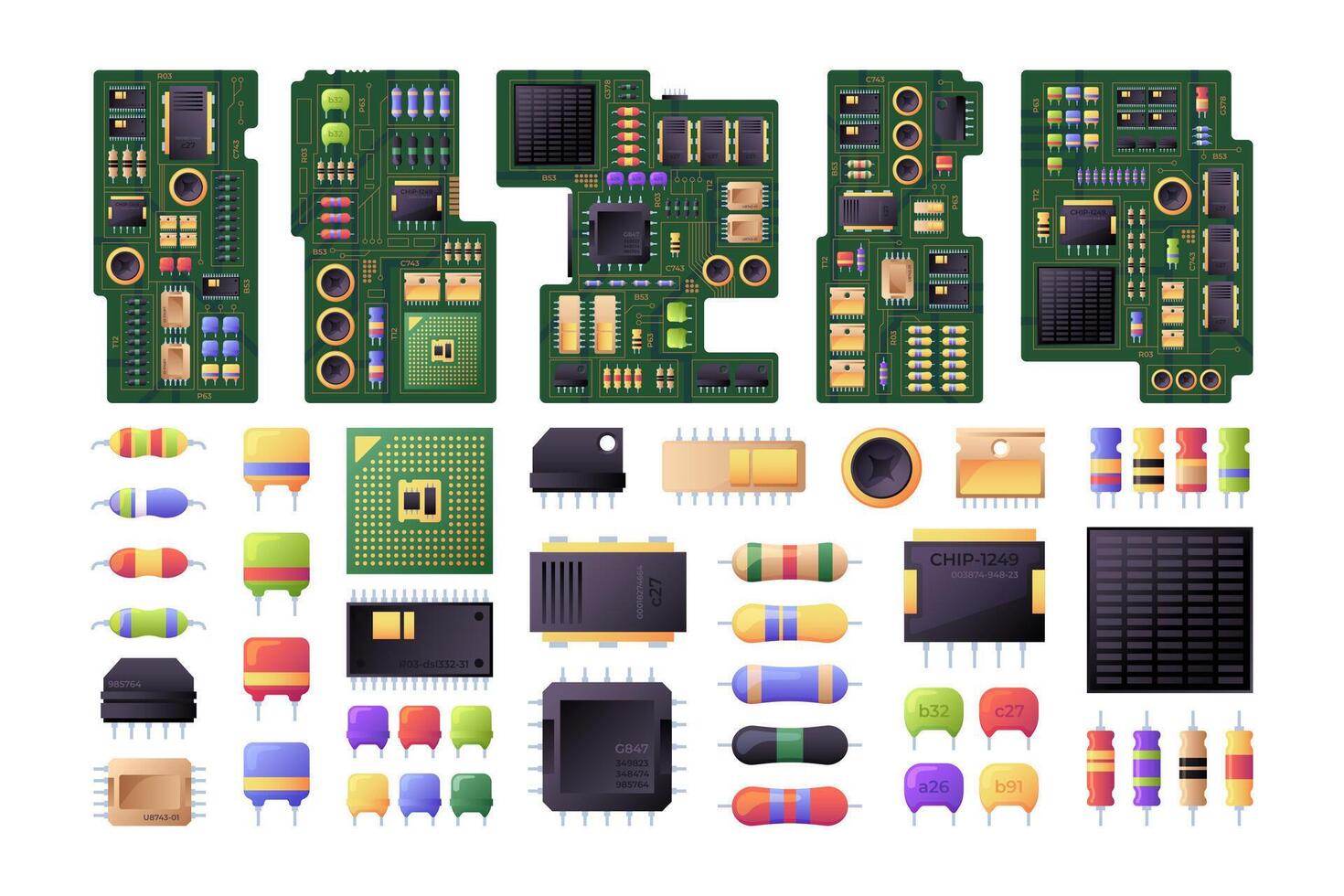 semiconductor circuito tableros hardware computadora componentes pastilla diodos tarjeta madre microprocesador electrónico equipo. vector conjunto