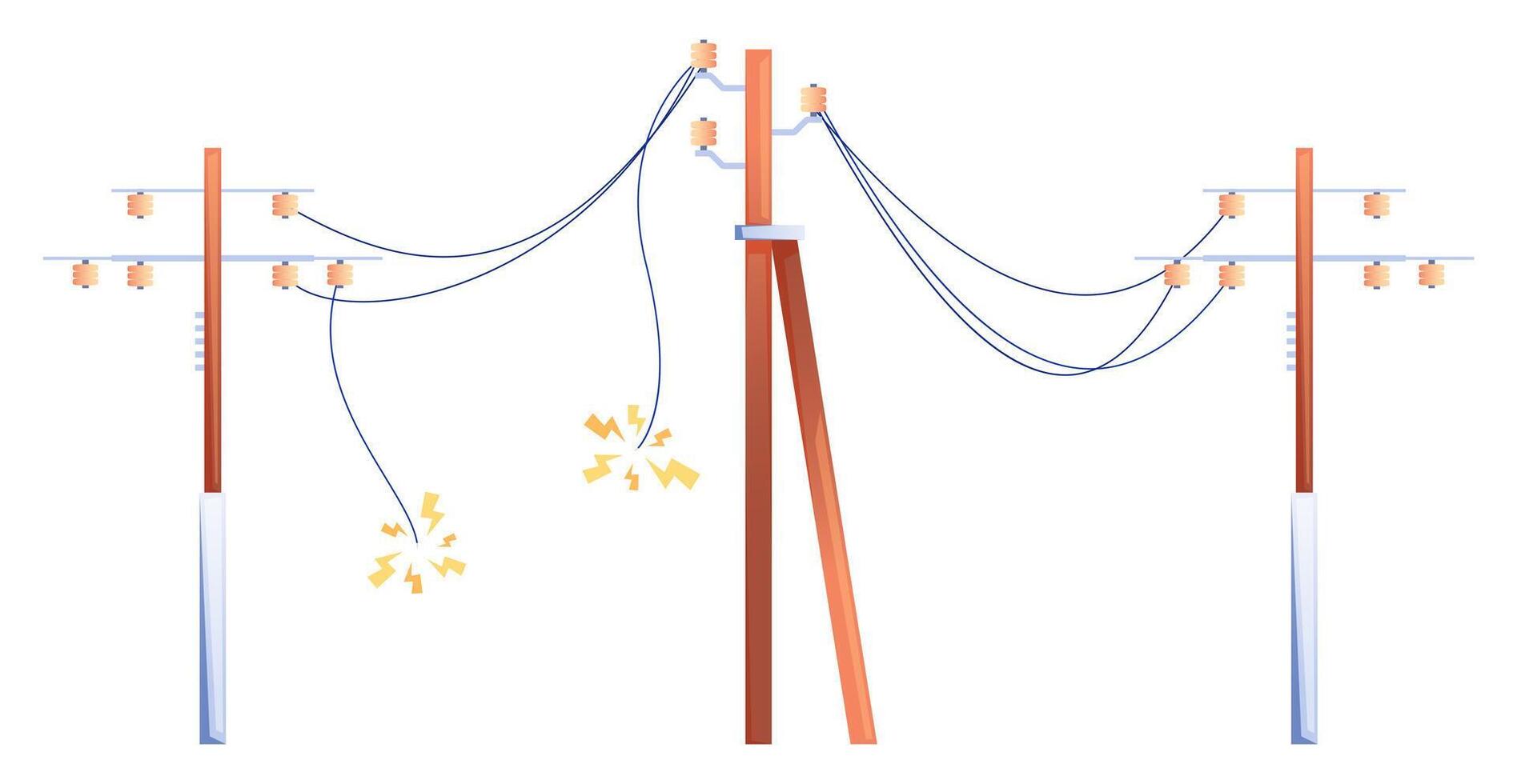 Electric line damage. Electrical power line towers with cut wires, electric energy tower construction with broken wires. Vector illustration