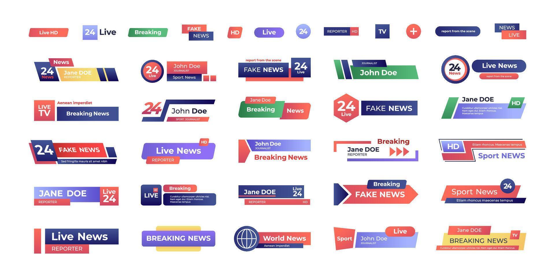 rotura Noticias bandera. conjunto de televisión títulos y barras para vídeo transmisión radiodifusión, televisión canales inferior tercero encabezamiento plantillas. vector colección