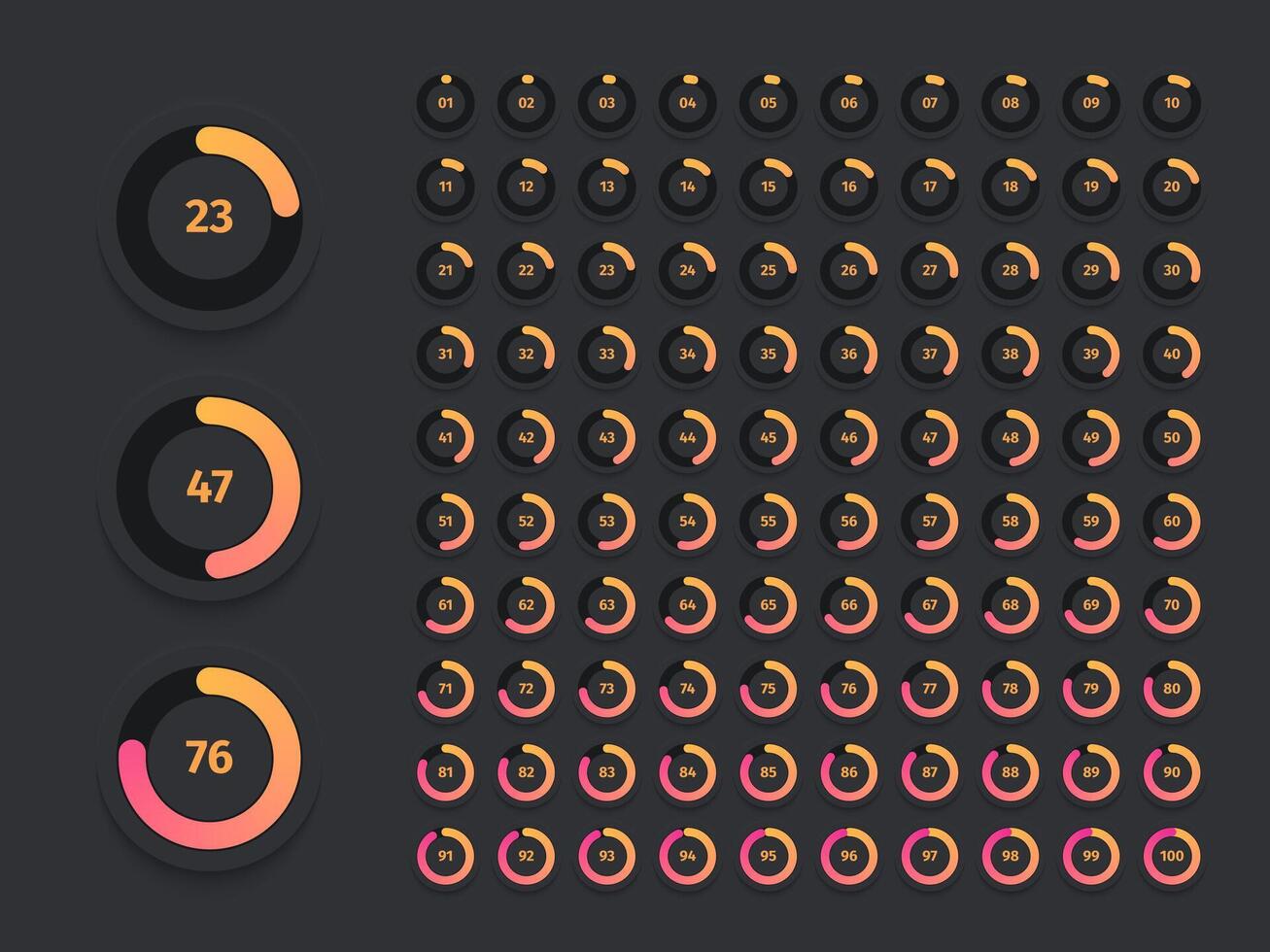 Round loading indicator. Circular user interface elements for progress bar, circle percent indicator and download symbol. Vector minimalistic UI elements set