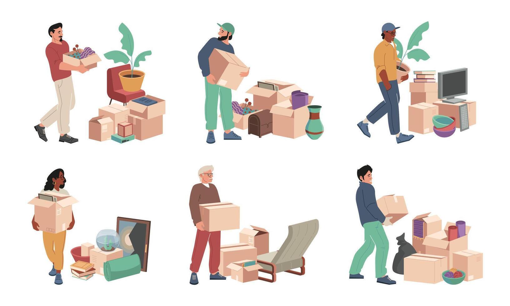 Family relocation with boxes. Packing and moving service with boxes and crates, family members moving with stuff and piles of boxes. Vector illustration