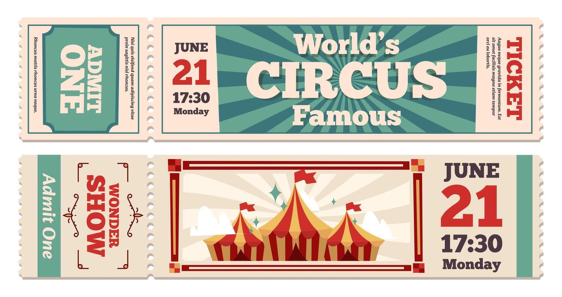 Circus tickets. Retro cartoon circus event invitation with textured paper for cabaret festival, holiday amusement celebration. Vector set