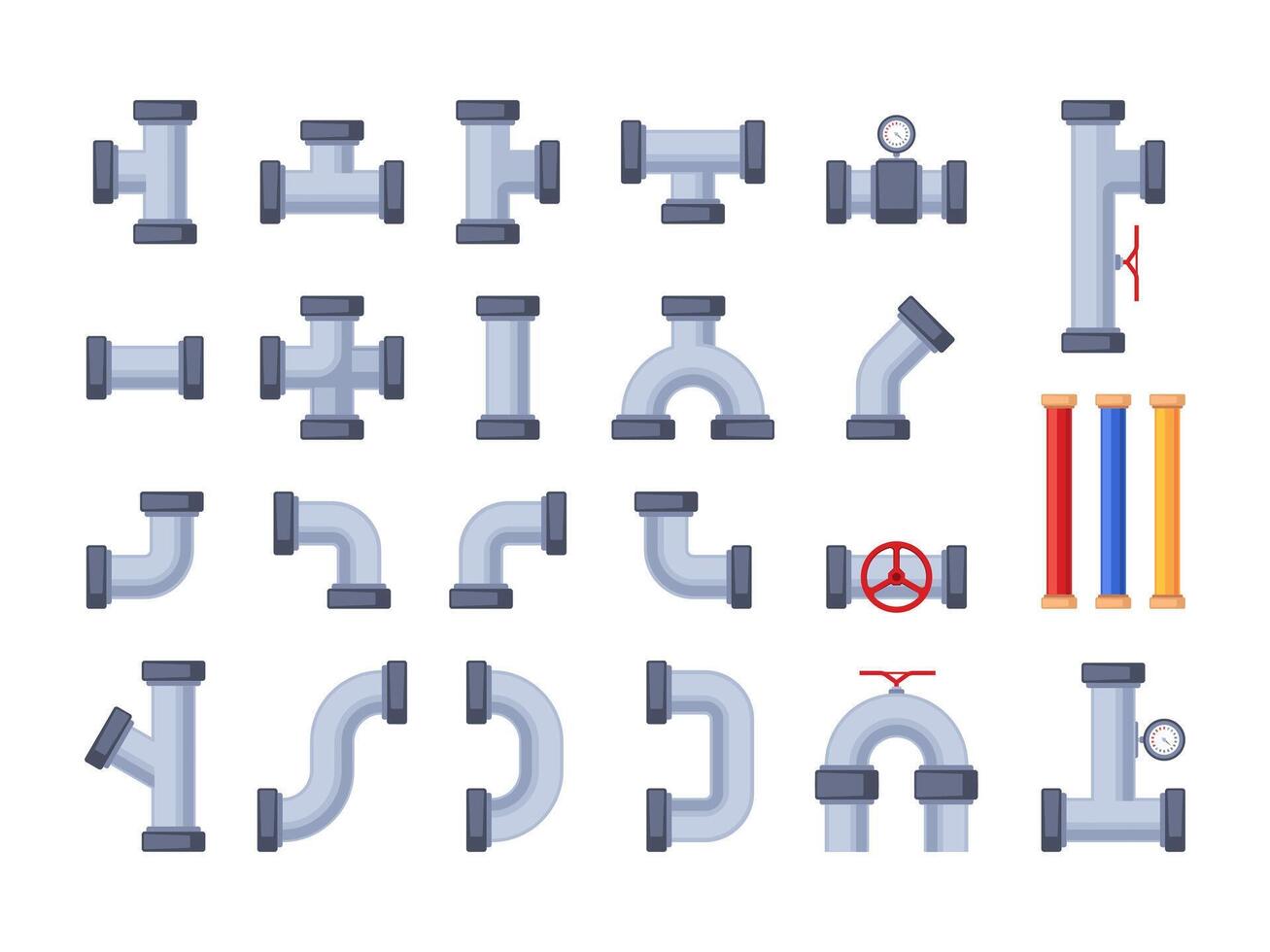 Pipe elements. Water pipeline engineering system details, piping connector construction with tubes and valves drainage system. Vector flat set