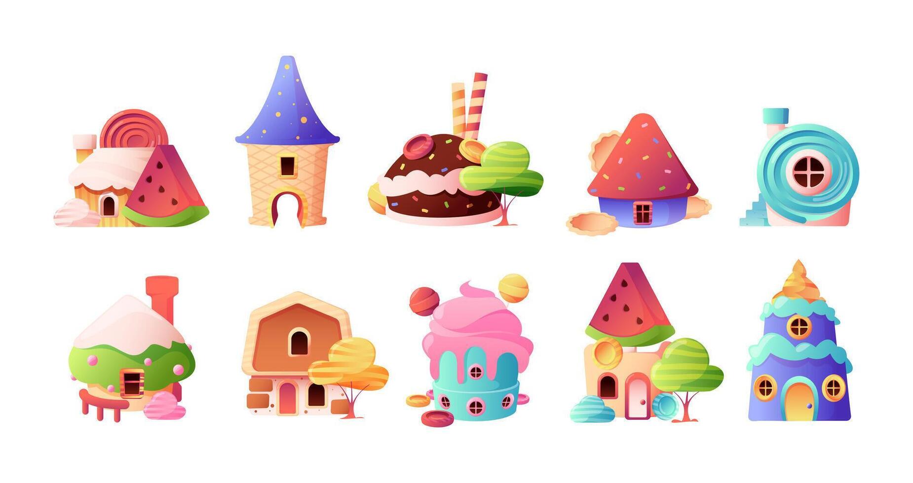 Candy houses. Sweet fantasy landscape with decorative icons of tasty chocolate caramel buildings, abstract childish elements. Vector cartoon set