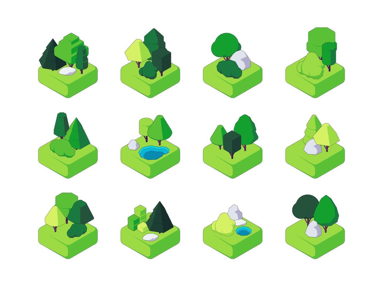 Isometric forest. Trees and bushes environment for landscape design, decorative nature elements polygonal shape for game assets. Vector flat collection