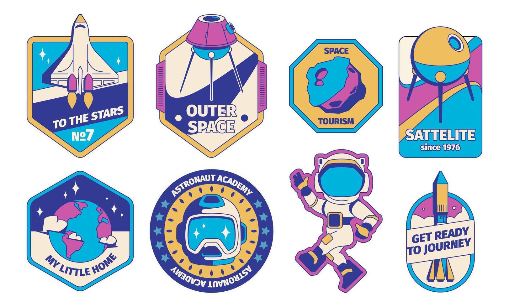 Vintage space and astronaut badges. Retro galaxy with rocket flight to insignia labels, old style planet and space exploration emblem. Vector isolated set