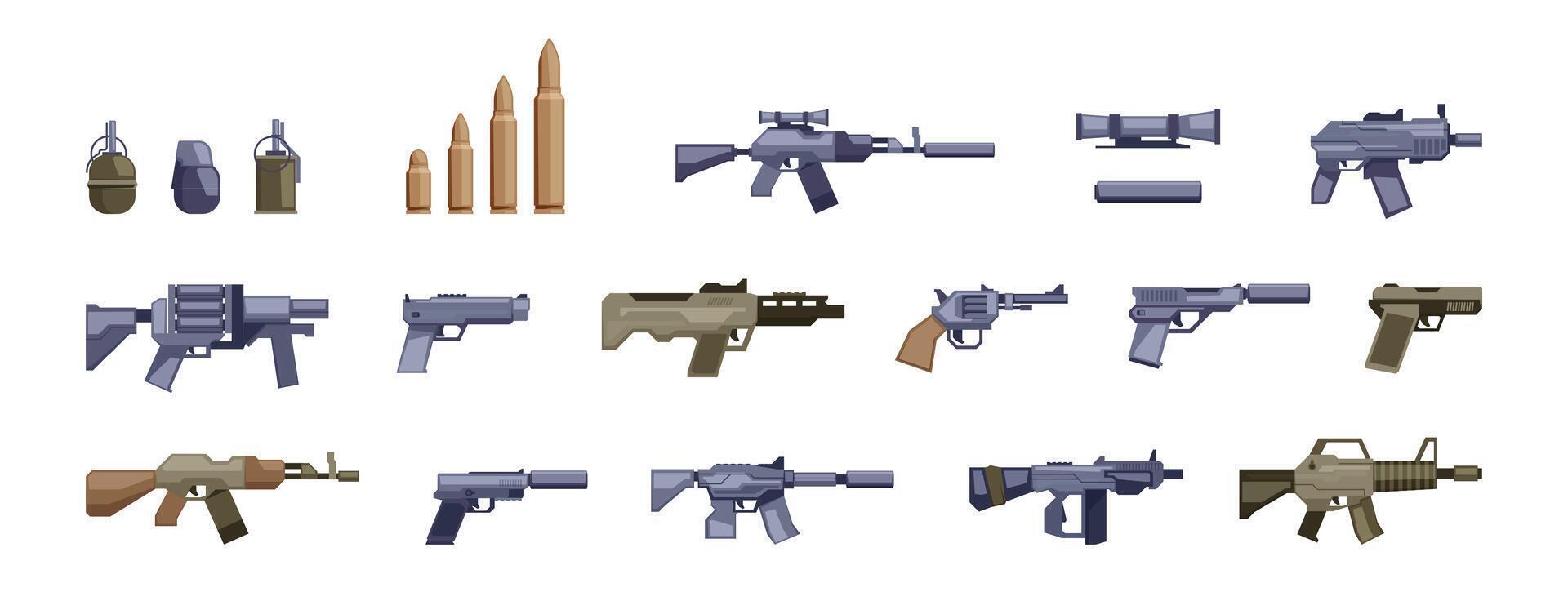 Pistol weapon. Cartoon bullet barrel gun classic revolver tactical shotgun, battle firearm with military accessories. Vector isolated set
