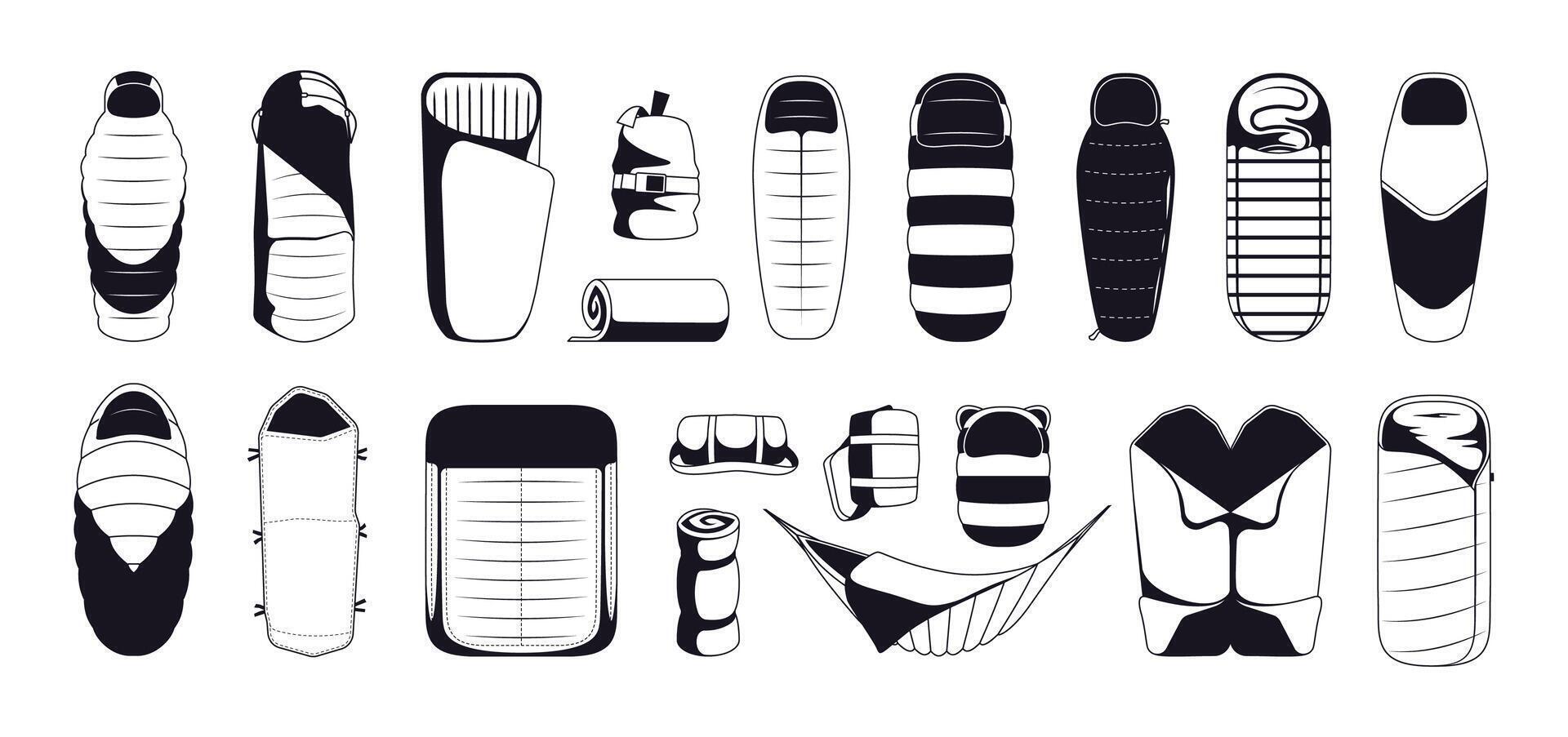 Black sleeping bag icons. Simple monochrome silhouettes of comfortable travel sleep bedding equipment, trip camping mat rolls. Vector collection