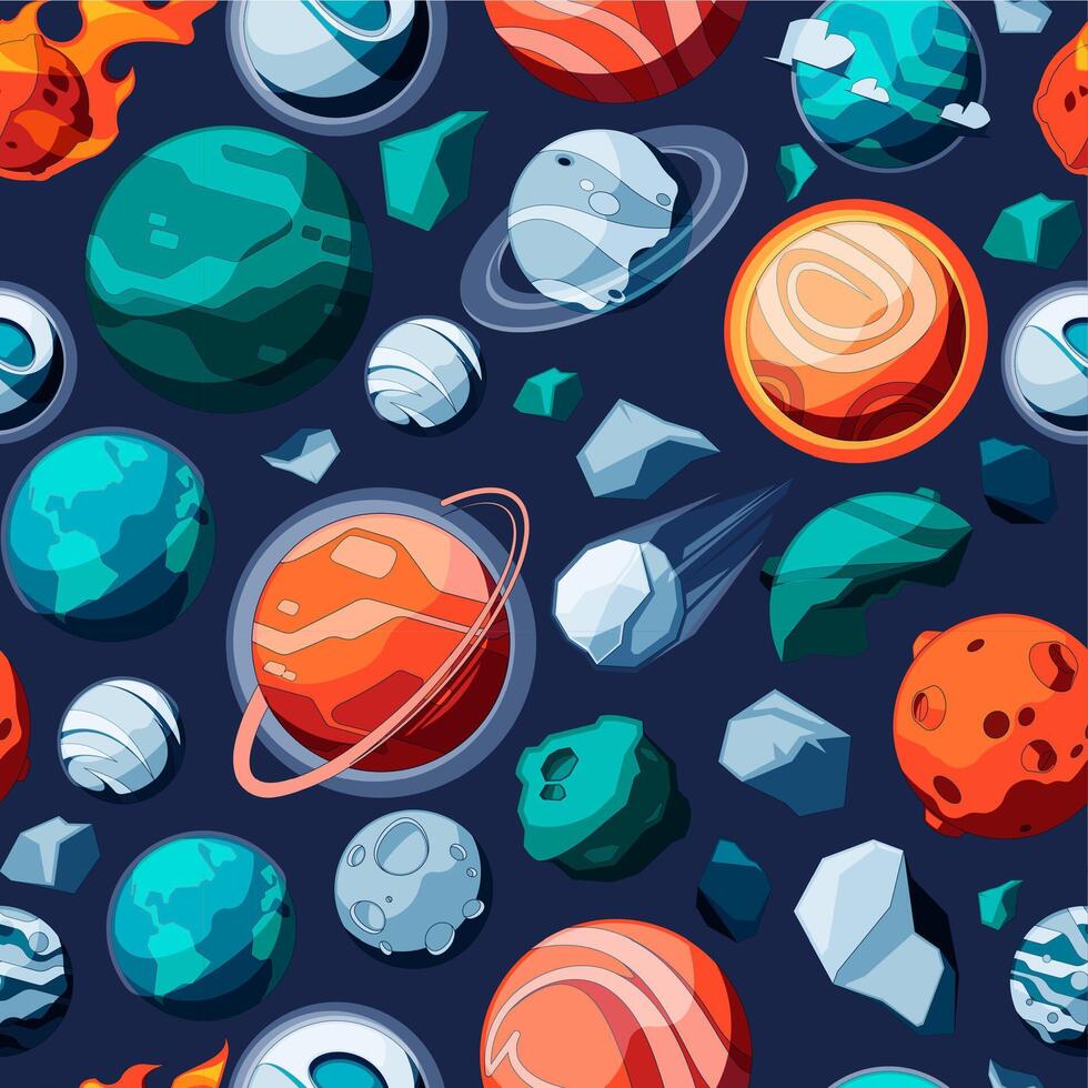 Space pattern. Seamless print of cartoon universe with stars and planets, cosmic galaxy with asteroids and comets design. Vector texture