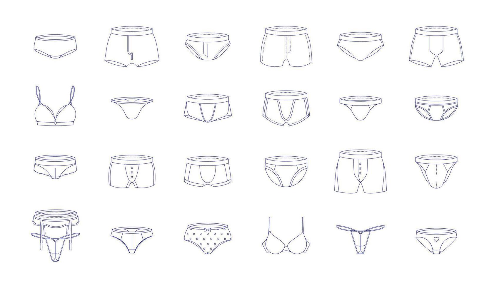 Line underpants. Outline male swimwear sketch, mens underwear boxer shorts, summer vacation togs and sportswear. Vector swimsuit bundle