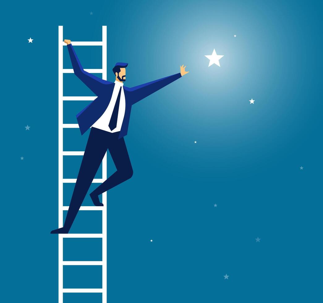 Businessman reaching star, leader stay on ladder vector