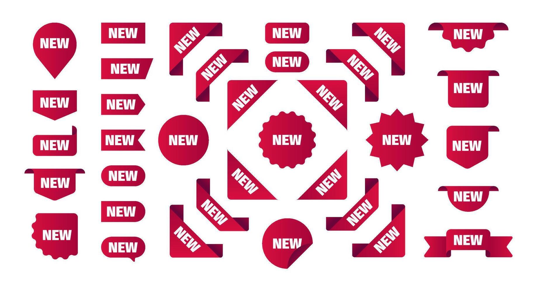 New red stickers. Abstract labels with ribbon accent for promotion message, discount symbols for banner design. Vector product tags set