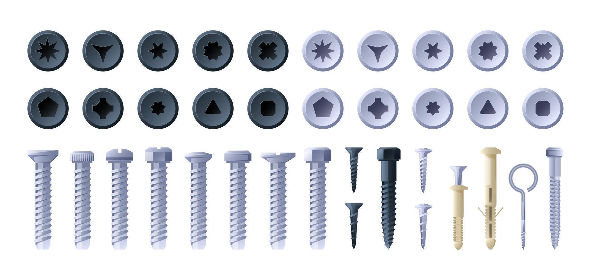 Bolt and screw set. Hardware repairing tools nail, stud and rivet, technical engineering equipment flat cartoon style. Vector isolated collection