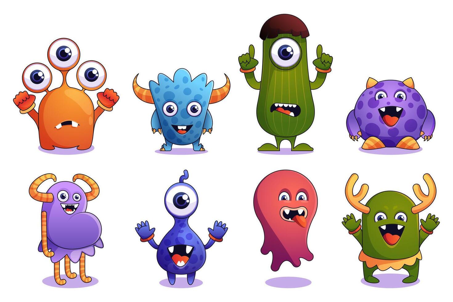 Cute monsters. Cartoon colorful fairy creature with funny eyes and mouth, alien animal mascot characters in flat style. Vector colorful set