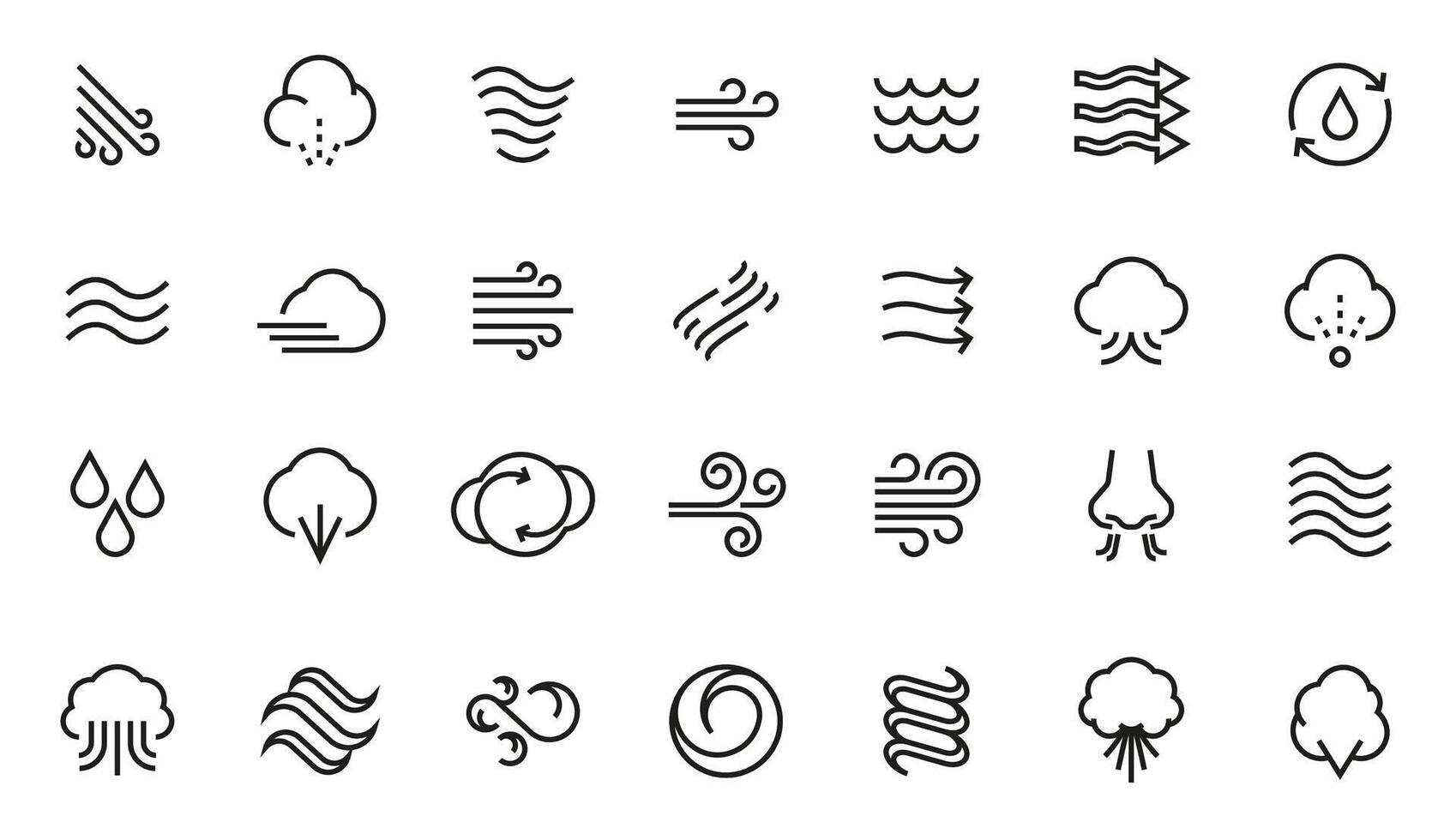 Wind icons. Thin tornado stream line blizzard hurricane zephyr wind elements, flat abstract swirls and flow for logo design. Vector isolated set