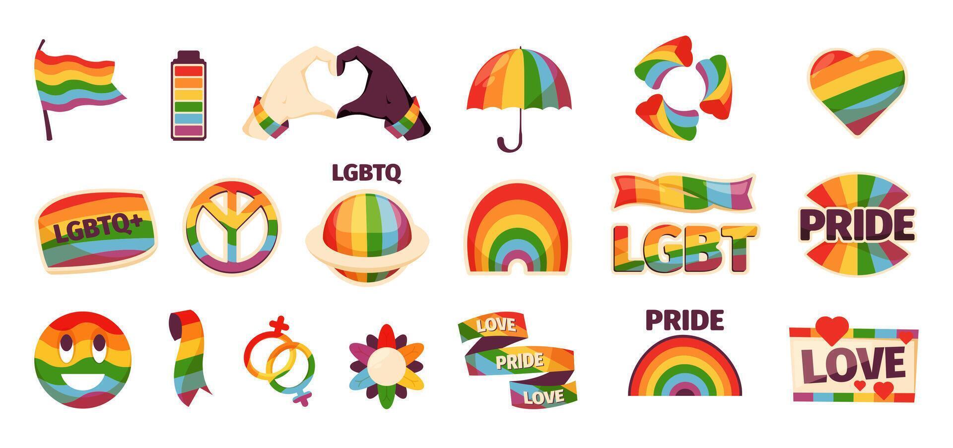 Lgbt stickers. Colorful abstract LGBT rainbow flag and symbols for lgbtq pride card design, diversity awareness concept. Vector isolated set