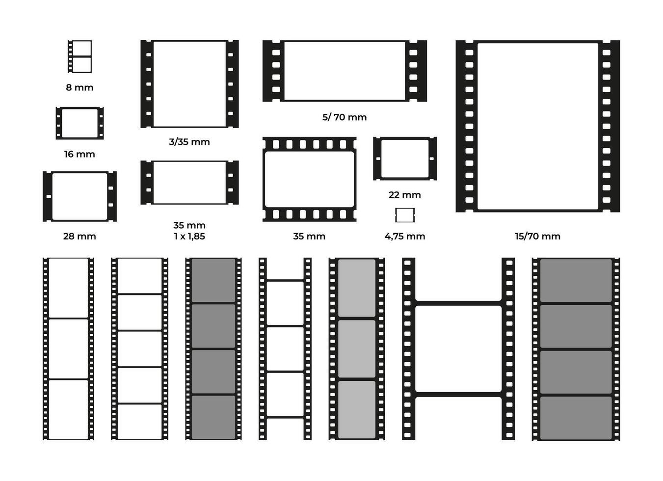 Film frame format. Analog 35mm slide roll, photography cinematography blank negative strip, old retro tape reel. Vector isolated set