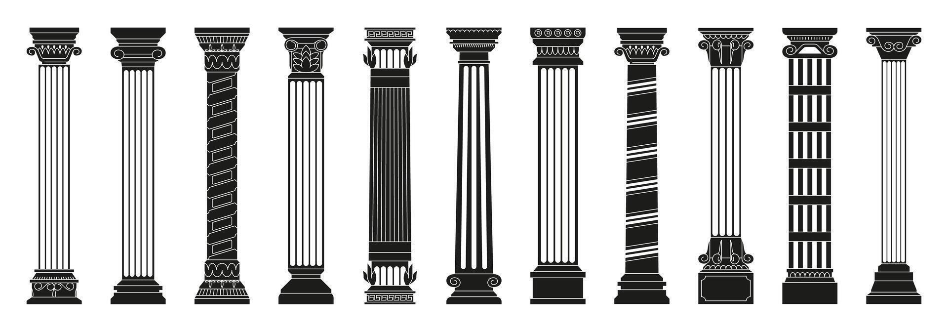 negro antiguo columnas antiguo romano dórico columnas con tallado decorativo elementos, antiguo griego arquitectura construcción partes, Mediterráneo clásico. vector aislado conjunto