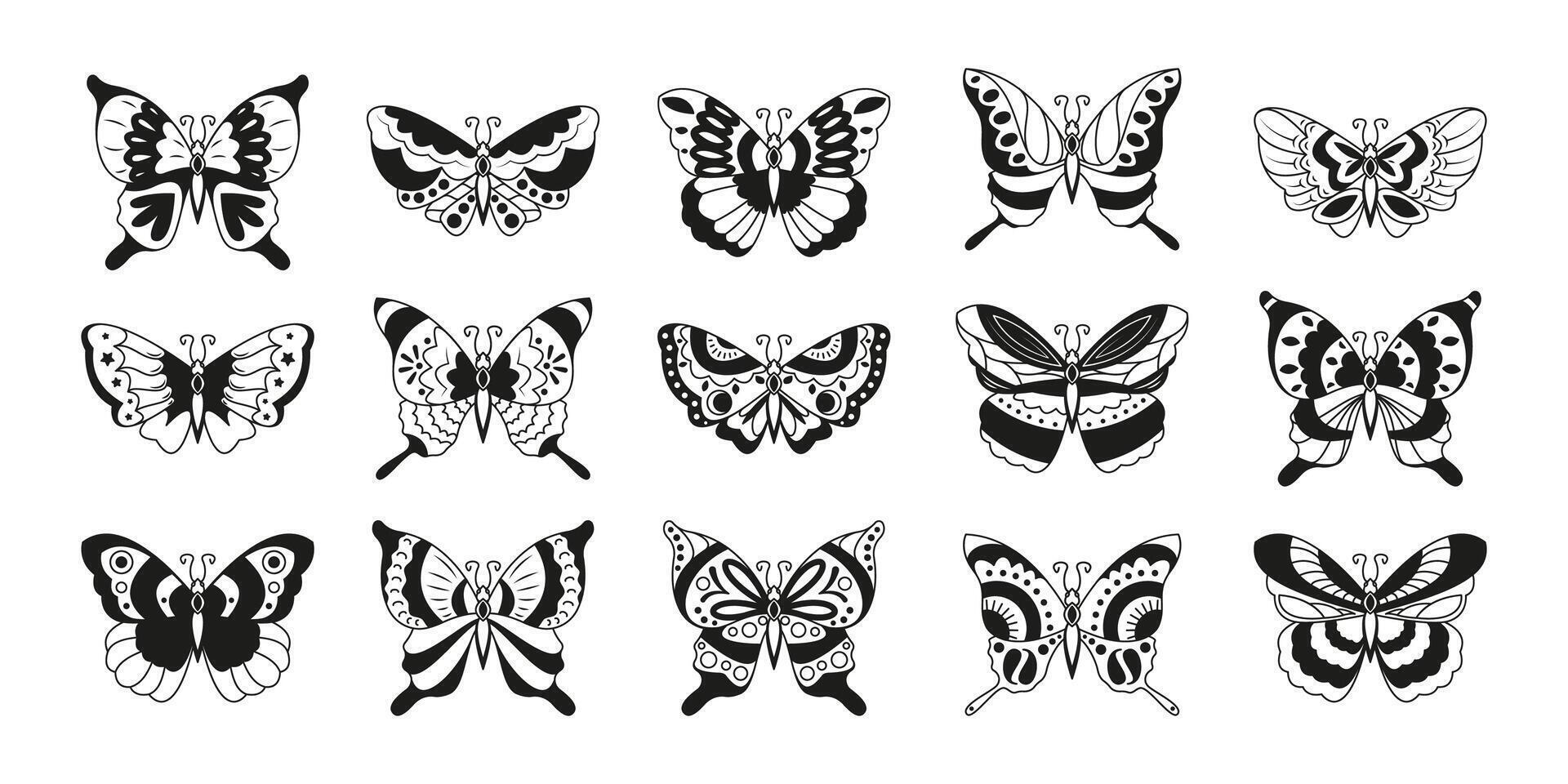 negro mariposa pegatinas realista volador monarca y polilla mariposa siluetas, resumen animal volador insectos iconos vector aislado conjunto