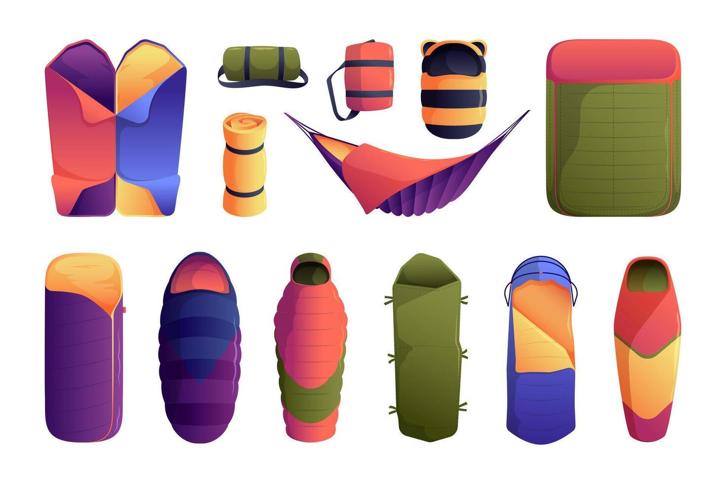 Sleeping bag. Cartoon travel outdoor equipment for sleep, flat hiking camping fabric nylon polyester compact bedding roll with blanket. Vector isolated set