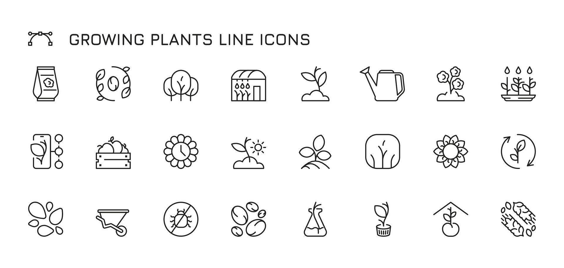 creciente plantas línea iconos orgánico agricultura y jardinería herramientas, semillas, planta de semillero y árbol sucursales. vector plano conjunto