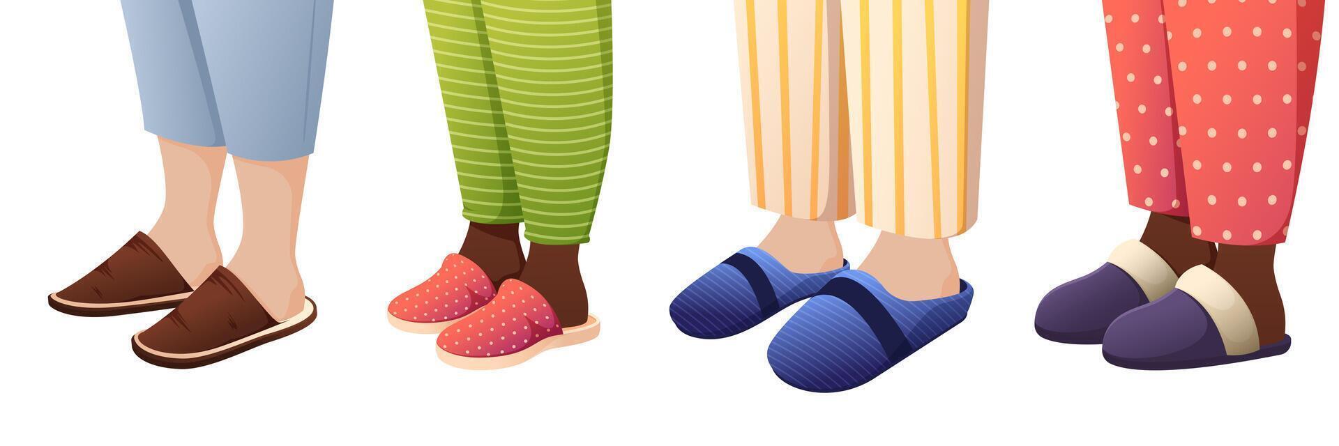 Legs in slippers. Cartoon feet in different kinds of slippers, home footwear fashion accessories for kids, home textile shoes design. Vector set
